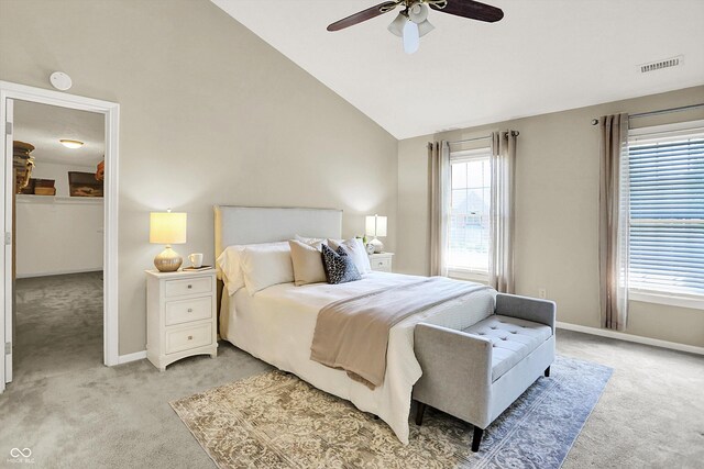 10746 Gateway Dr, Fishers, IN 46037 - bedroom with light carpet, lofted ceiling, baseboards, and ceiling fan