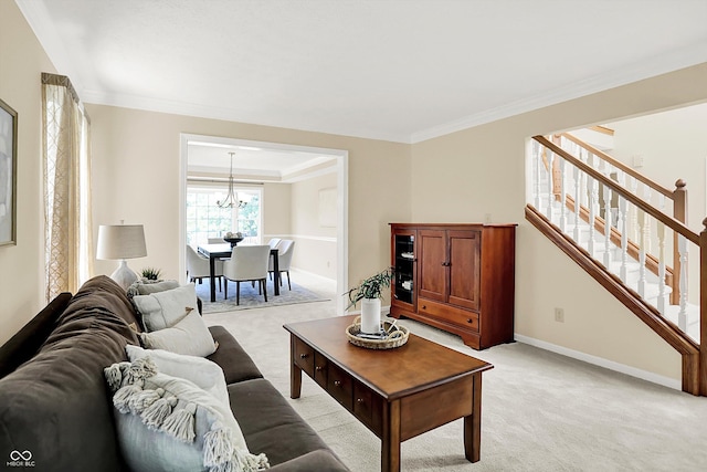 10746 Gateway Dr, Fishers, IN 46037 - living room featuring light carpet, stairs, ornamental molding, a chandelier, and baseboards