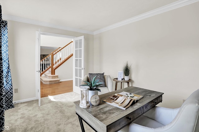 10746 Gateway Dr, Fishers, IN 46037 - office area featuring crown molding, baseboards, carpet, and french doors