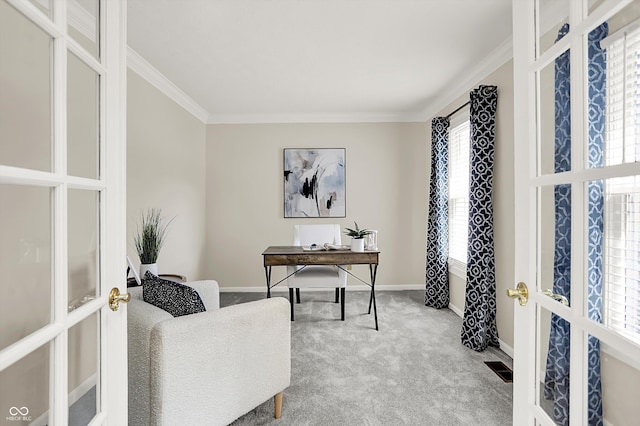 10746 Gateway Dr, Fishers, IN 46037 - carpeted office space with french doors, ornamental molding, and baseboards