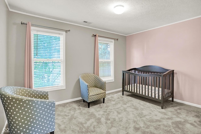 10746 Gateway Dr, Fishers, IN 46037 - bedroom with carpet flooring, ornamental molding, a textured ceiling, and baseboards