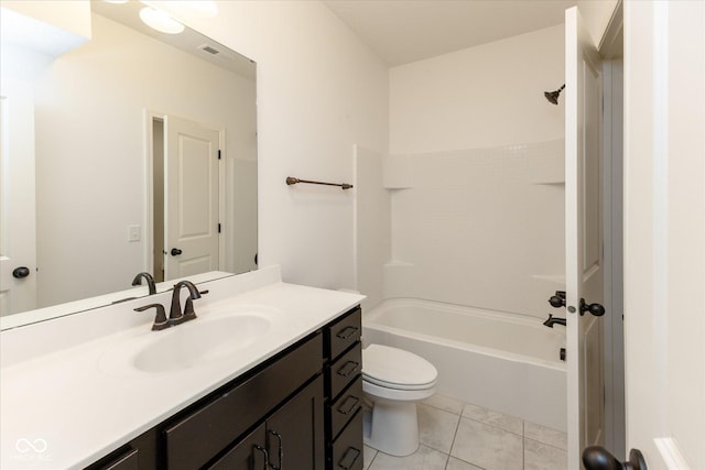 bathroom featuring visible vents, vanity, toilet, shower / tub combination, and tile patterned floors