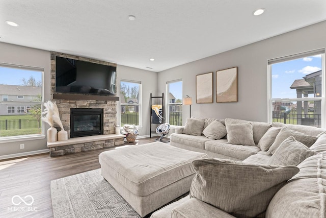 5363 Citadel Dr, Noblesville, IN 46062 - living room featuring healthy amount of natural light, wood finished floors, baseboards, a stone fireplace, and recessed lighting