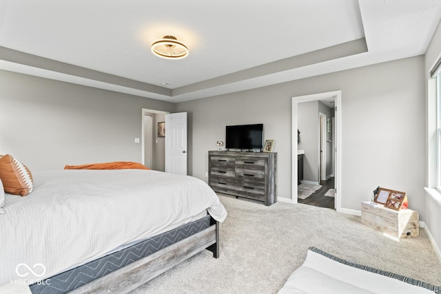 5363 Citadel Dr, Noblesville, IN 46062 - carpeted bedroom with baseboards, a tray ceiling, and ensuite bath