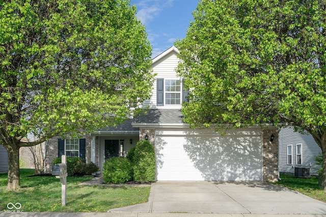 obstructed view of property with driveway, roof with shingles, a garage, cooling unit, and a front lawn