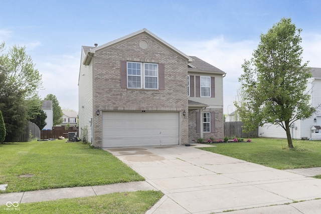 traditional-style house with brick siding, an attached garage, fence, and concrete driveway