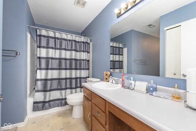 full bath with toilet, a textured ceiling, visible vents, and vanity