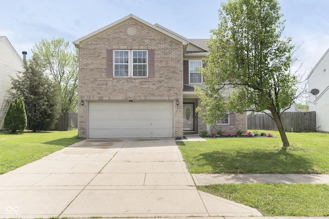 traditional home featuring a front lawn, fence, brick siding, concrete driveway, and an attached garage