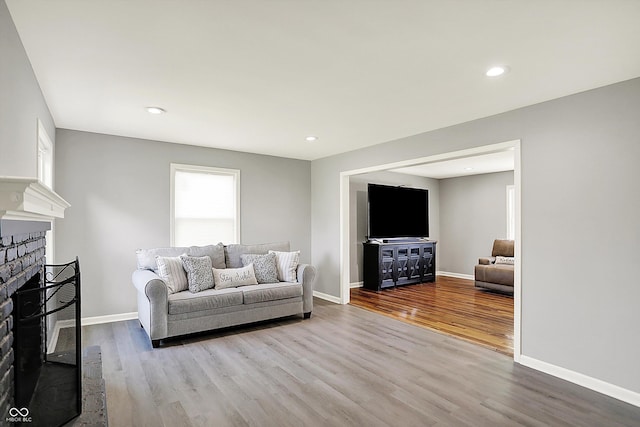 living room featuring baseboards, a fireplace, and wood finished floors