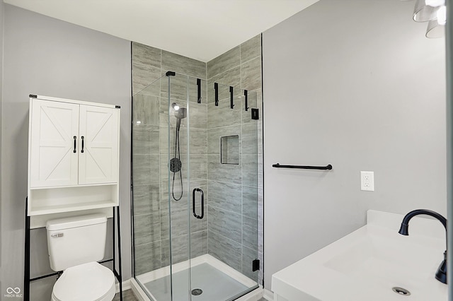 bathroom featuring toilet, a shower stall, and a sink