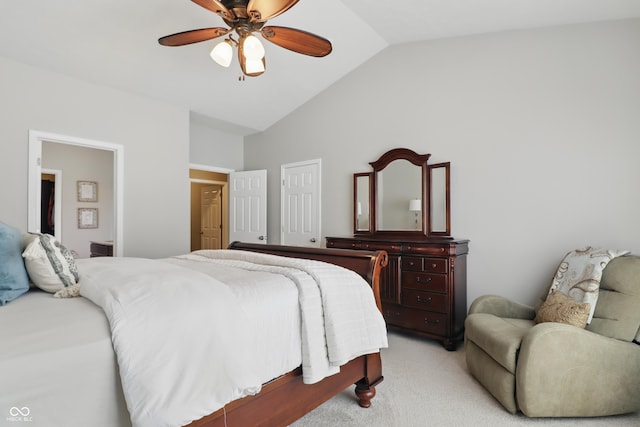 bedroom featuring light colored carpet, ceiling fan, and lofted ceiling