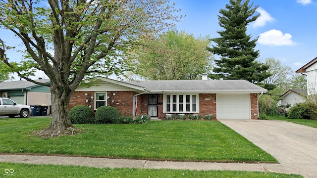 single story home with brick siding, a garage, a front yard, a chimney, and concrete driveway