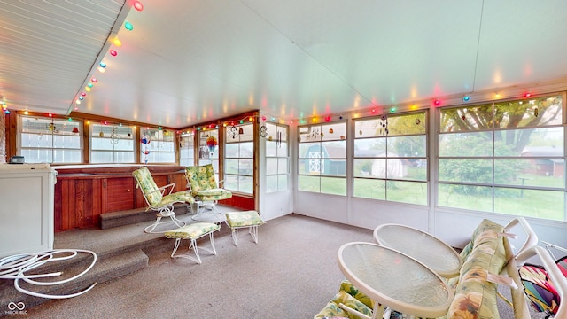 sunroom with a hot tub, track lighting, and carpet