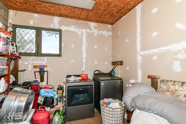 interior space with laundry area, washer and clothes dryer, and an ornate ceiling