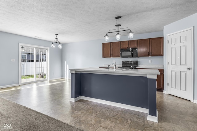 5465 Tanglewood Ln, Whitestown, IN 46075 - kitchen with black microwave, electric range oven, light countertops, a chandelier, and pendant lighting