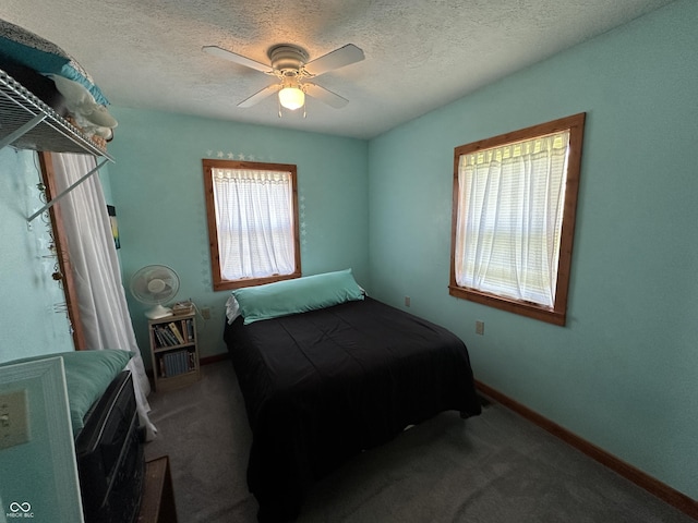 bedroom featuring a textured ceiling, multiple windows, and baseboards