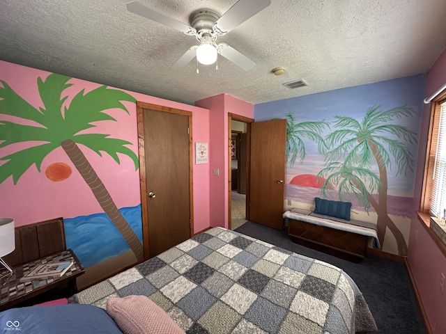carpeted bedroom with a textured ceiling, visible vents, and ceiling fan