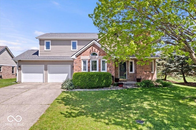 traditional home featuring a garage, driveway, a front lawn, and brick siding
