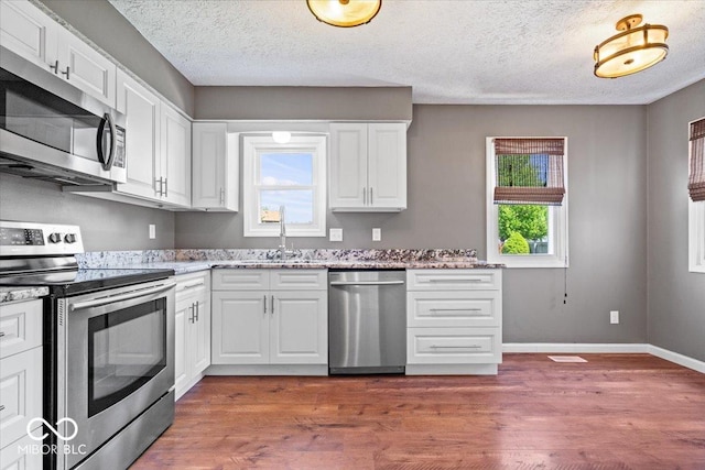kitchen with white cabinetry, appliances with stainless steel finishes, a wealth of natural light, and a sink