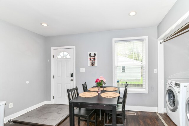 319 S Randolph St, Indianapolis, IN 46201 - dining area featuring recessed lighting, baseboards, washer and dryer, and dark wood finished floors