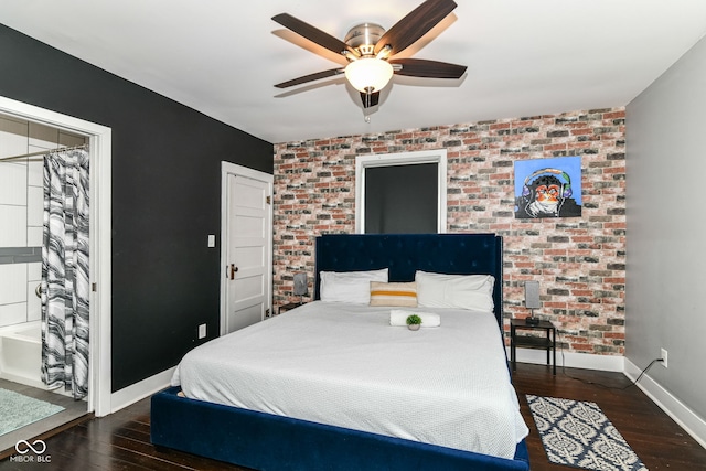 319 S Randolph St, Indianapolis, IN 46201 - bedroom featuring brick wall, baseboards, ceiling fan, and wood finished floors