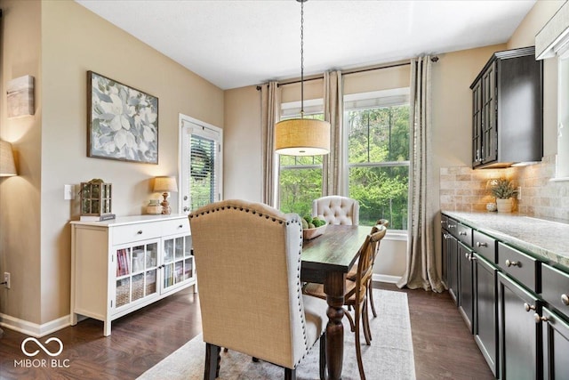 dining area featuring baseboards and dark wood-type flooring