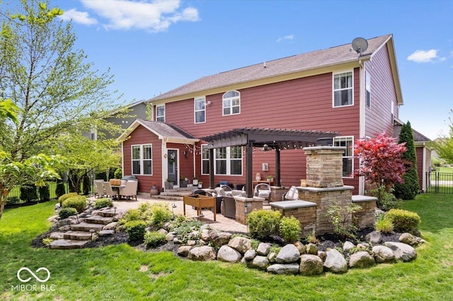 back of house featuring fence, a pergola, a patio, an outdoor living space, and a lawn