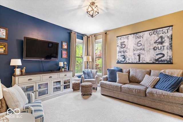 carpeted living room featuring a textured ceiling