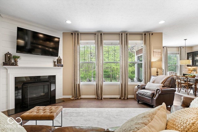 living room featuring recessed lighting, a textured ceiling, and wood finished floors