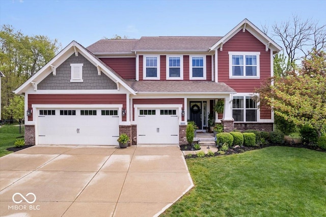 craftsman-style house with brick siding, driveway, and a front lawn