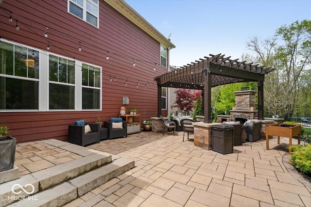 view of patio with an outdoor living space with a fireplace and a pergola