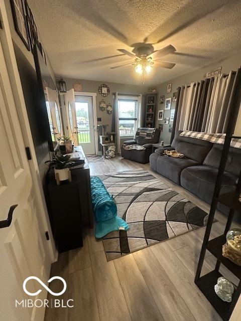 living room with a textured ceiling, ceiling fan, and wood finished floors