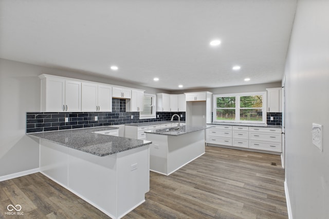 kitchen with backsplash, wood finished floors, a sink, stone counters, and recessed lighting