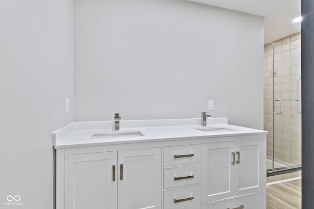 bathroom with double vanity, a sink, and a stall shower