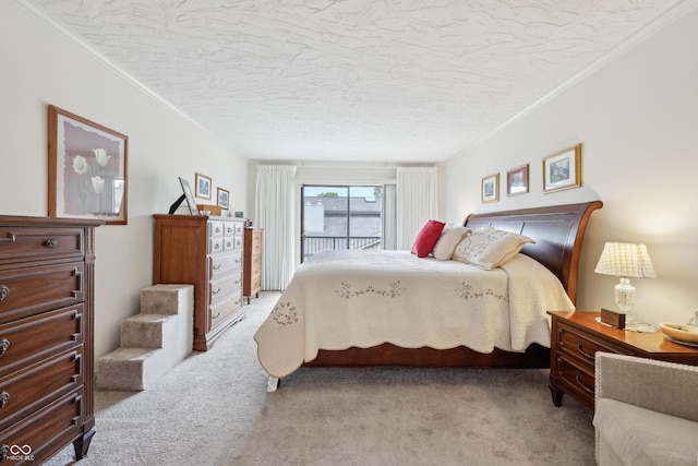 1030 Stratford Hall Unit 17-3, Indianapolis, IN 46260 - bedroom featuring light colored carpet, crown molding, a textured ceiling, and access to outside