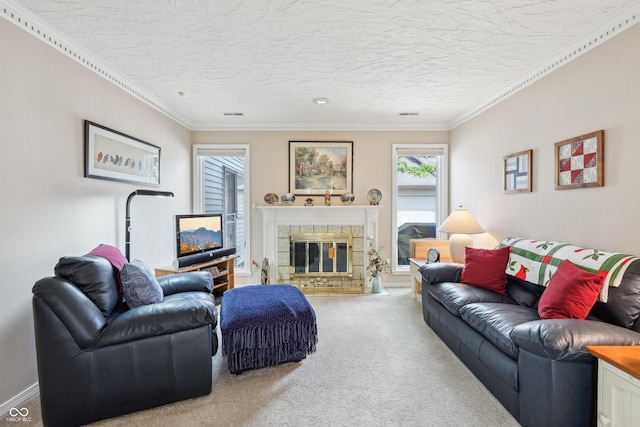 1030 Stratford Hall Unit 17-3, Indianapolis, IN 46260 - carpeted living area featuring a stone fireplace, crown molding, and a textured ceiling