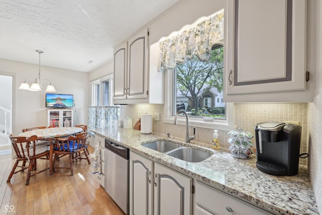 1030 Stratford Hall Unit 17-3, Indianapolis, IN 46260 - kitchen featuring dishwasher, a sink, backsplash, a chandelier, and hanging light fixtures