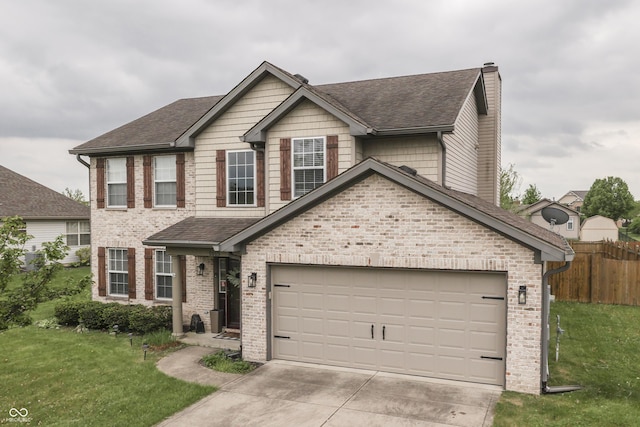 view of front of property with concrete driveway, fence, a shingled roof, and a chimney