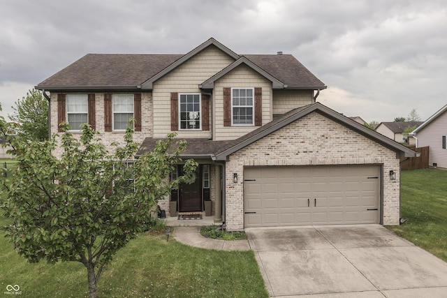 view of front of property featuring a shingled roof, driveway, a front lawn, and brick siding