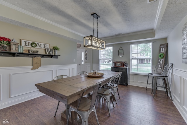 dining area with wainscoting, a decorative wall, dark wood-style flooring, and a textured ceiling