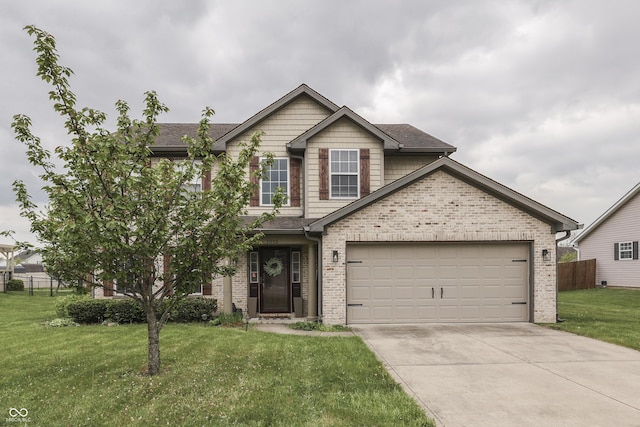 view of front of house with brick siding, fence, a front yard, and concrete driveway
