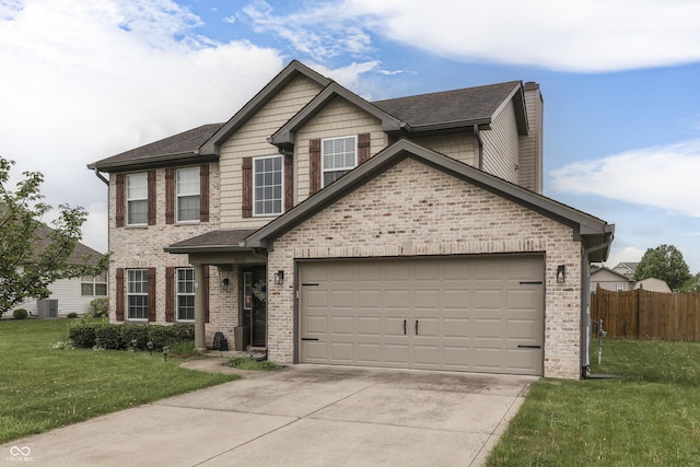 view of front facade with fence, an attached garage, brick siding, a front yard, and concrete driveway