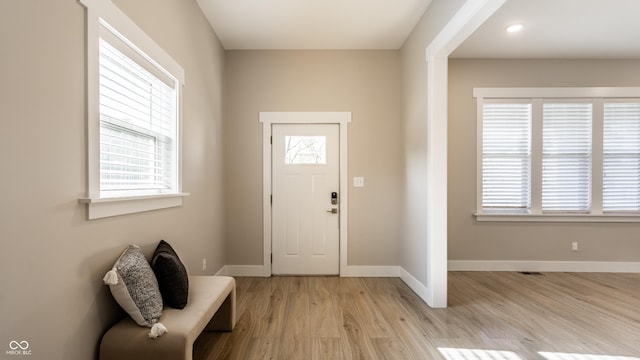 entrance foyer featuring baseboards, a healthy amount of sunlight, and light wood finished floors