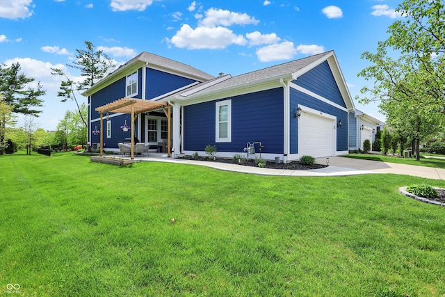 view of front of house featuring a garage, driveway, a front yard, and a pergola