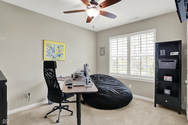 office with baseboards, carpet floors, and ceiling fan