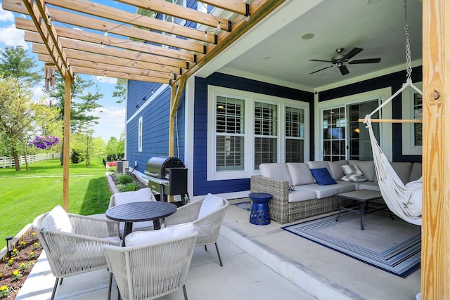 view of patio / terrace featuring outdoor lounge area, a pergola, a ceiling fan, and area for grilling