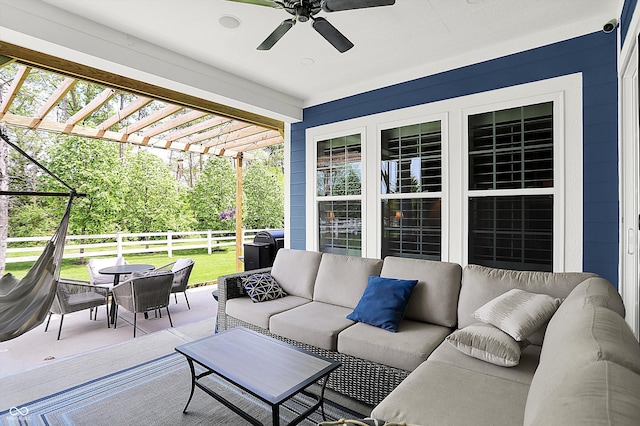 view of patio with an outdoor living space, a pergola, fence, ceiling fan, and outdoor dining space