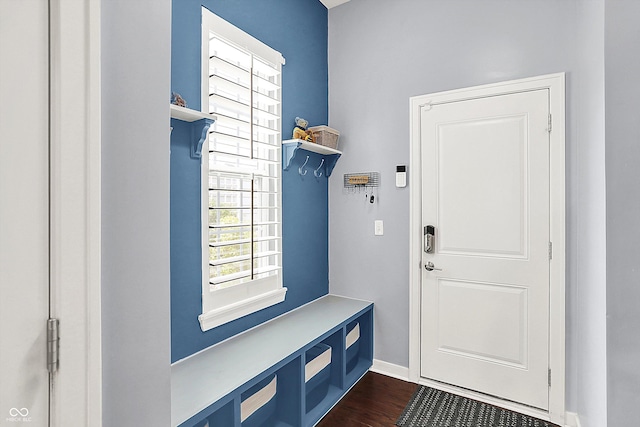 mudroom with baseboards and dark wood finished floors