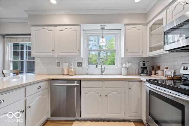kitchen with white cabinetry, appliances with stainless steel finishes, ornamental molding, and a sink