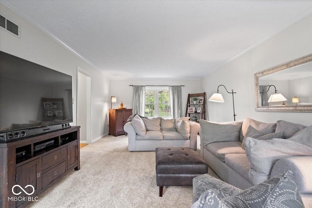 living room with crown molding, visible vents, and light carpet